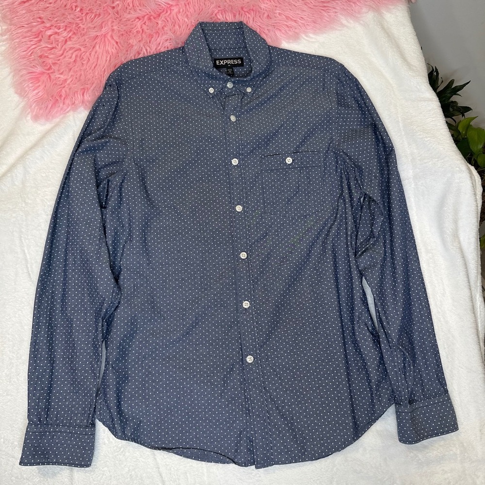 Express Mens Blue Polka‎ Dot Long Sleeve Button Down Shirt Small 14-14.5 Cotton - Picture 3 of 8